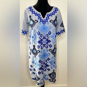 Rose and Rose preppy resort wear embroidered pinstriped tunic dress blue XS EUC